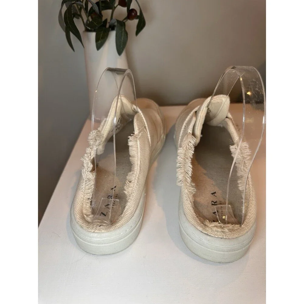 Zara Trafaluc Beige Canvas Raw Edge Mule Sneaker Slip On Shoes Womens Size 7.5